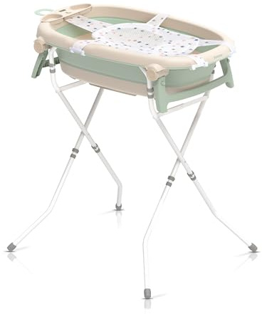 Neno Lucy Stand Baby Badewanne mit Gestell und Thermometer - Faltbare Babywanne - Babybadewanne mit Ständer - Kinderbadewanne ab Geburt zum 30kg – Ablaufschlauch, Rutschfester Innenmatte - 89x52 cm