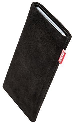 fitBAG Folk Schwarz Handytasche Tasche aus feinem Wildleder Echtleder mit Microfaserinnenfutter für Nokia 2630 | Hülle mit Reinigungsfunktion | Made in Germany
