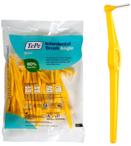 TePe Interdentalbürste Winkel Abgewinkelte Zahnbürste für Zahnreinigung 25 Stück 0,7 mm Mittlere Lücken Gelb