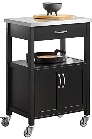 SoBuy Meuble de Cuisine à roulettes, Plan INOX & 4 Roues, 60x92x44cm | Desserte Cuisine compacte, tiroir, niche ouverte & placard 2 portes, MDF, cuisine & extérieur & chambre, FKW22-SCH