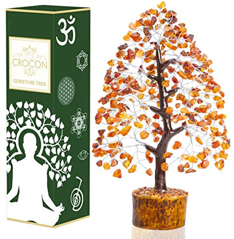 Crocon Carnelian Gemstone Money Tree | Feng Shui Bonsai | Mystical | Attract Good Luck | Chakra Balancing | Reiki Crystal Healing | Spiritual | Enhancement | Home Decor Size: 10-12 Inch