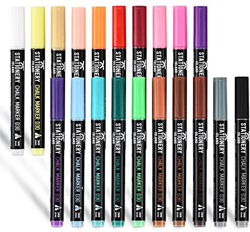 STATIONERY ISLAND Kreidestifte für Tafel Abwaschbar, Kreidestift für Fenster, 20 Farben Kreidemarker für Glas & Tafeln, Bunt Fensterstifte