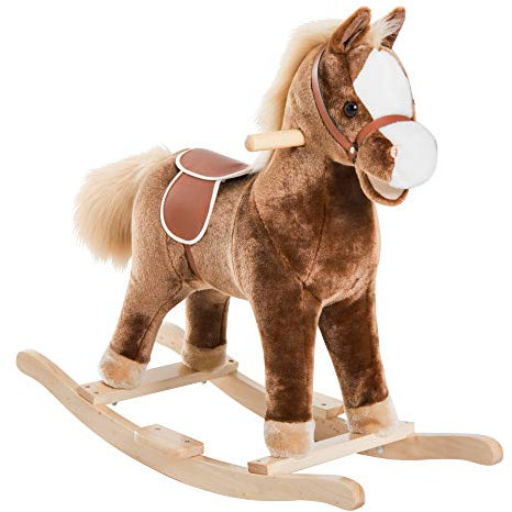 HOMCOM Cheval à Bascule Cheval de Cowboy Selle Grand Confort pour Enfants de 36+Mois Peluche Courte Douce Bois peuplier Charge 40 Kg Brun Blanc