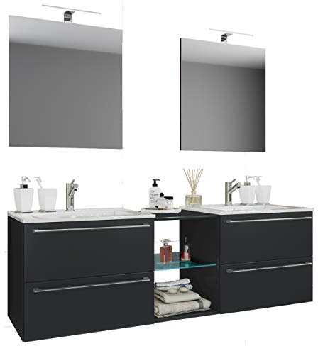 VCM 3-TLG. Set | 2 Waschtisch, 2 Spiegel, 2 Waschbecken, 1 Mittelfach | Keramik Waschbecken, Mittelfach aus Melamin und Glas | Doppel Waschplatz - Badinos XXL 80, Spiegel, Schwarz