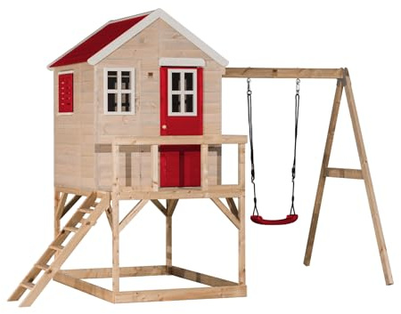 Wendi Toys M23 Stelzenhaus mit Schaukel, Spielturm aus FSC Holz für Kinder Garten Outdoor, Podesthöhe 90 cm, 192×350×242 cm, mit Leiter, Terrasse, Fensterläden, Boden, wetterfest