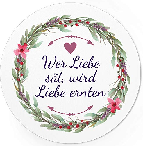 24 runde Design Etiketten - Wer Liebe sät, wird Liebe ernten - Aufkleber für Gastgeschenke - Motiv: Blumenkranz Aquarell mit Herz rosa lila