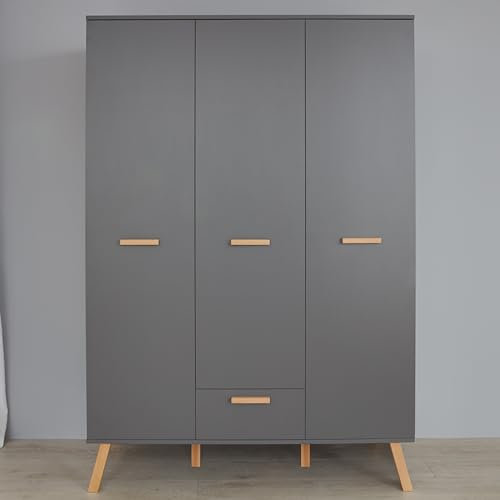 trendteam smart living - Mats - Wardrobe - Grau Matt - Kleiderschrank mit 3 Türen, 1 Schublade, 2 Kleiderstangen - (BxHxT) 130 x 190 x 60 cm - mit lackierten Massivholzfüßen und Griffen