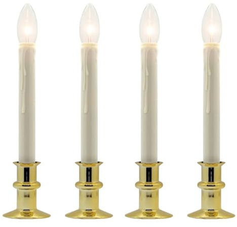 Celestial Lights Set of Four Battery Operated Remote Programmable Window Hugger Candle for Narrow Window Sills Daily Timer Choose 6, 8, or 10 Hours Flicker or Steady (Brass)