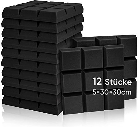 Fstop Labs 12 Stücke Schallabsorber, 3D Hochdichte Akustikschaumstoff, Hall-Echo-Fliesen reduzieren, für Wand, Tonstudio, Arbeitszimmer, Aufnahmestudios, Büro, 30 x 30 x 5 cm Schwarz 9 Block Quadrat