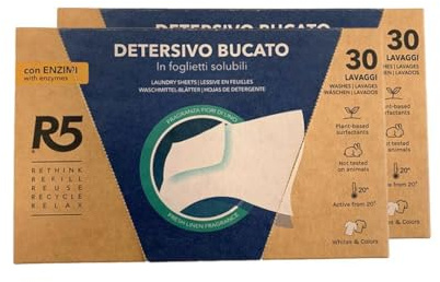 R5, Lessive en feuilles solubles, 60 lavages, Lessive en feuilles avec enzymes pour lavage en machine ou à la main, pour articles blancs et colorés, Parfum Fleurs de Lin, Format Eco