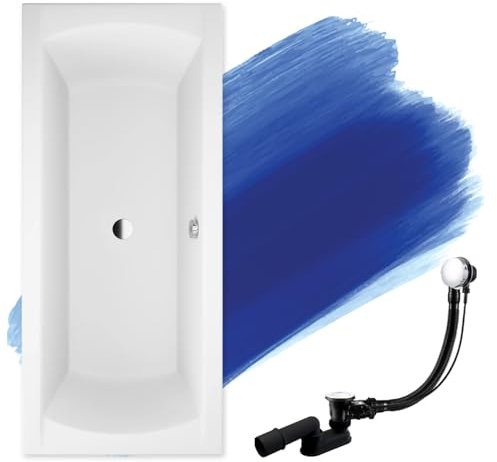 BADLAND Badewanne Original Weiß Acryl Wanne Rechteck INES 170x75 KOMPLETTSET SET + Füßen und Exklusive Chrom Automatik Ablaufgarnitur Made in EU 3in1