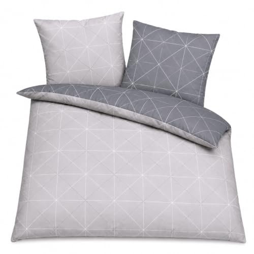 Davos Janine Fein-Biber Bettwäsche-Set 2tlg grau Silber 2 teilige Wende 135x200cm & Kissen 80x80cm Geometrisches Muster