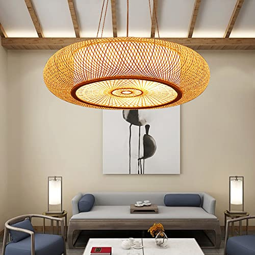 Vintage Hängelampe Retro Natürlicher Bambus Pendellampe E27 Höhenverstellbar Pendelleuchte Esszimmer Hängeleuchte Wohnzimmer Küche Bar Kronleuchter Beleuchtung Nachahmung Schaffell Lampenschirm,50cm …