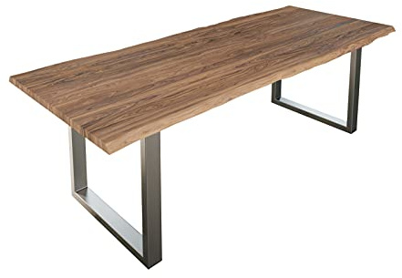 SAM Esstisch Lauren 240x100 cm Akazie Stone Baumkante U-Gestell Silber | Baumkantentisch massiv, Akazienholz stonefarben, Metallgestell, Esszimmertisch