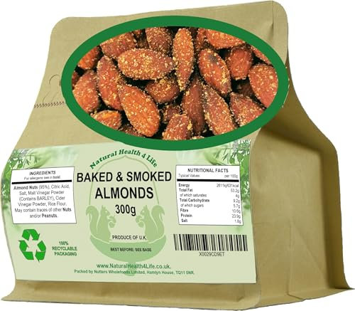 Natural Health 4 Life Smoked Almond Nuts 300g Pouch, Baked and Salted Almonds, Vegan, Dairy Free, Gluten Free, High Protein and Fibre, Smoky BBQ Flavour, Made in UK