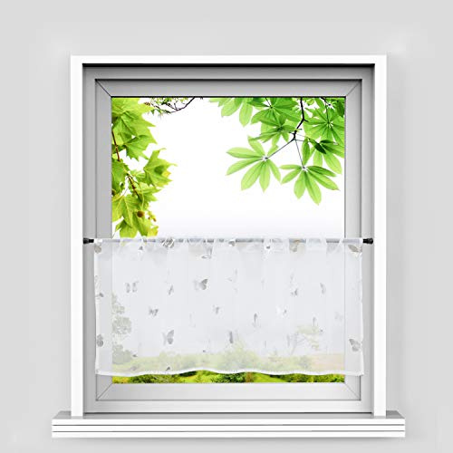 HeichkelL Glänzende Scheibengardine Silber Voile Moderne Kurzstores mit Tunnelzug Kleinfenster gardine Küche Schmetterling-Dekomuster Weiß HxB 30x90 cm