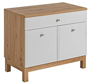Mobile da lavabo Samoa 90 cm, colore: bianco/rovere Artisan, mobile da lavabo con gambe, mobile da bagno bianco con maniglie cromate, mobili da bagno moderni