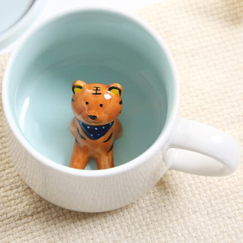 Arawat Süße Tiger-Tasse Kaffeetasse Keramik Teetasse mit Löffel & Untertasse 350 ml große 3D-Kaffeetasse Lustige Espressotassen Kaffeetasse Cappuccino Geschenk niedlich (Tiger)