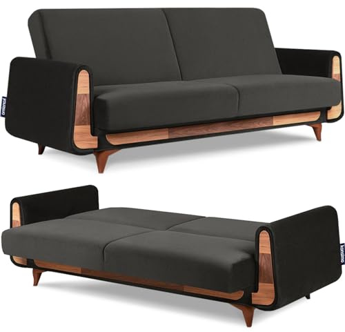 konsimo Gustavo 3-Sitzer Schlafsofa mit Schlaffunktion –Couchbett für Wohnzimmer, Klappsofa mit Liegefläche, Moderner Stoffbezug, Made in EU (Anthrazit, Sofa 230x98x98 Velours)
