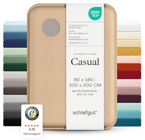 schlafgut Casual Spannbettlaken 90x200 cm 100% Bio-Baumwolle, Sand Mid | Bettlaken, Spannbetttuch 100x200, 90x190 cm, Sand, Jersey, Sommer, 150 g/m², bis 25 cm Steg, Made in Green