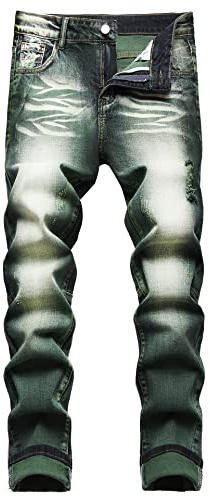 Baylvn Men's Ripped Distressed Destroyed Straight Slim Fit Denim Jeans,704 Green,Size 28
