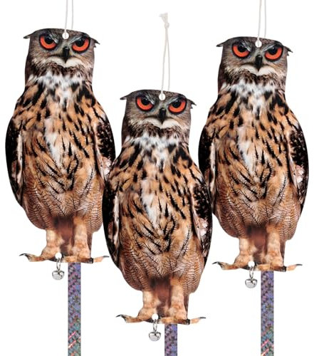 Bird Repellent Owl Bird Scarer, Bird Scarer, Pigeon Repellent for Outdoor Hanging, Bird Tape for Deterrent, Scarecrow Reflective Tape, Hanging Reflective with Bell, Pack of 3