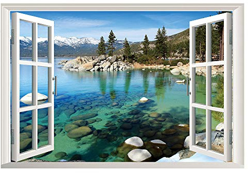 Lichi Adhesivo 3D para pared de ventana falsa con vista al lago, paisaje pacífico de montaña, calcomanía mural para decoración del hogar
