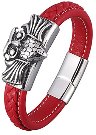 KnSam Männer - Party Armbänder, PU Leder Bettelarmband Weihnachten Eule Leder Armbänder für Herren Edelstahl Armschmuck Silber mit Magnet Verschluss, Länge 18.5CM