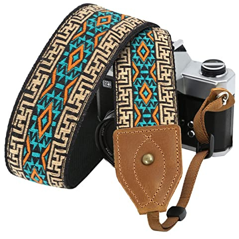 Padwa Lifestyle 2 Wide Classic Crazy Horse Art Cowhide Head Camera Strap - Jacquard Embroidery Floral Vintage Camera Straps for Photographers Gift, Adjustable Shoulder Neck Strap Fits DSLR Cameras