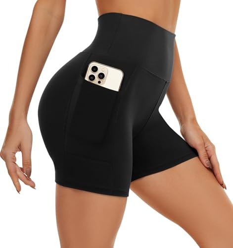 AMIYOYO Kurze Sporthose Damen mit Handytasche High Waist Radlerhose | Blickdicht Sport Shorts Sommer Kurze Leggings Bauchweg Unterhosen für Yoga Gym