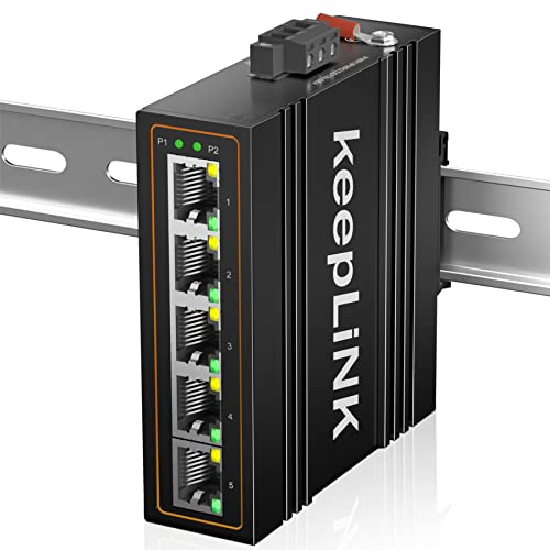keepLiNK 5-Port Industrial Fast Ethernet Switch, Unverwalteter 10/100Mbit/s DIN-Schienen-Netzwerk-Switch, IP40, Betriebstemperaturbereich von -30℃～75℃（-22℉ ~ 167℉）