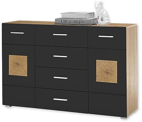 Stella Trading 36-191-V2 Georgia Artisan Eiche Nb. / Schwarz Kommode Sideboard Beistellkommode mit Schubladen und 2 Türen ca. 140 x 92 x 40 cm