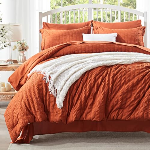 Zzlpp King täcke set 7 delar, bränd orange seersucker säng i en väska med täcke och lakan, sängkläder för alla årstider med 1 täcke, 2 örngott, 2 örngott, 1 lakan, 1 formsytt lakan