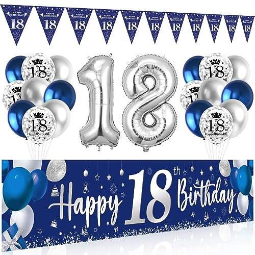 Geburtstagsdekoration zum 18. Geburtstag, Silber und Blau – Banner, Luftballons, dreieckige Girlande für Jungen und Mädchen