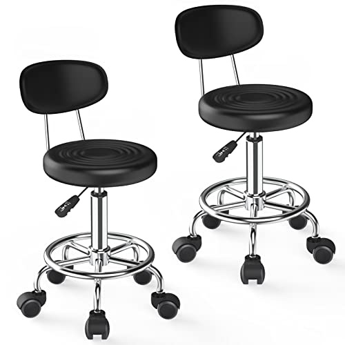 PIPIPOXER Rollhocker mit Rückenlehne Höhenverstellbar, Bürohocker Bis 120kg, Arbeitshocker Höhenverstellbar 47.5-61cm, Rollhocker Arbeitshocker 360° Drehbar für Büro Salon Massage Spa (Ø34cm), Schwarz