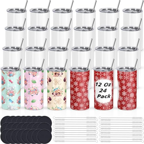 Draheri 12 Oz Sublimation Tumblers Blanks Bulk, Sublimation Cups for Kid with Straw and Brush, Stainless Steel Double Wall Insulated Mugs, Individually Boxed (24 Pack)