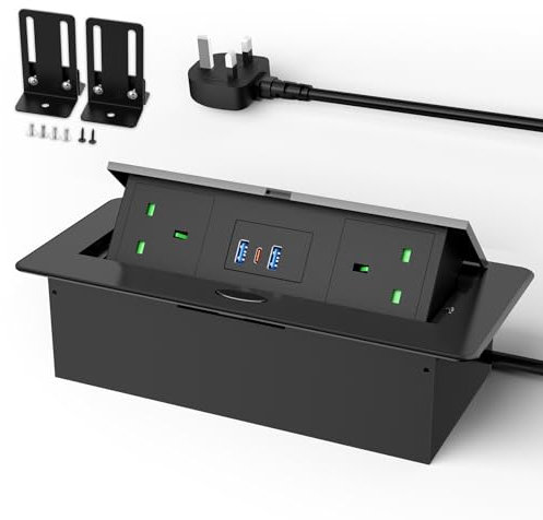 Desk Power Extension Socket with USB C PD20W, Recessed Power Strip with 3 USB, Aluminum Pop Up Sockets for Kitchen Worktops, 3250W/13A, Black, 1.8M Extension Cord