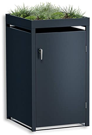Metzler Mülltonnenbox in Anthrazit mit Pflanzdach 1er 240L, Mülltonnenverkleidung für 1 Tonne, witterungsbeständiger und pulverbeschichteter Stahl mit Automatikdeckel, abschließbar, Garten- & Müllbox