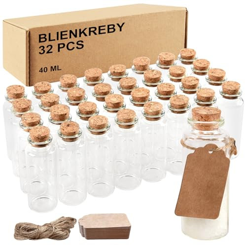 BLIENKREBY 32 Pezzi Vasetti Vetro Piccoli, 40ml bottigliette di vetro piccole, Bottiglie Vetro con Pendenti Etichette, Bomboniere Matrimonio per Regalo Feste Decorazione Matrimoni