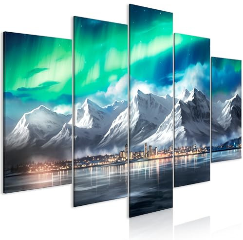 murando - Acoustic Canvas Wall Art Harbour City 100x50 cm 5 pieces - Picture With Acoustic Foam Sound Absorption Print Image Artwork Room Acoustics Soundproofing Northern Light Mountain d-H-10006-b-c