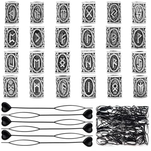 24 Stück Bartperlen Set Wikinger, Wikinger Rune Bart Perlen mit 6 Pull Haarnadel Quick Beader und 200 Gummibänder, Nordische Haarschlauch Perlen, Bartschmuck Männer für Armband Halskette DIY Anhänger