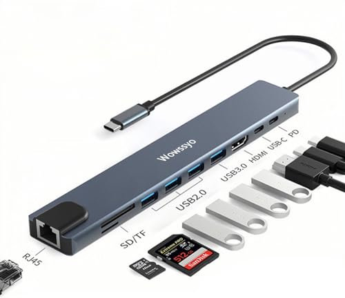 Wowssyo Hub Ethernet USB C 10 en 1, estación de acoplamiento USB C, concentrador USB multipuerto, HDTV 4K, PD 100 W, USB 3.0, SD/TF, USB-C, adaptador MacBook M1 Air Pro, para iPad, Switch, Móvil y más