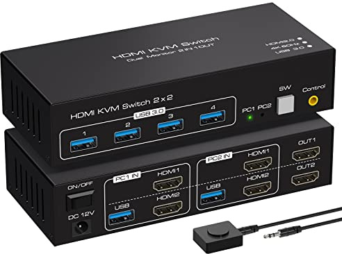 HDMI KVM Switch 2 Monitors 2 Computers 4K60HZ for 2 PC Dual Monitor with 4 USB 3.0 Ports Support Copy and Extended Display and Desktop Control Including 2 USB 3.0 Cable