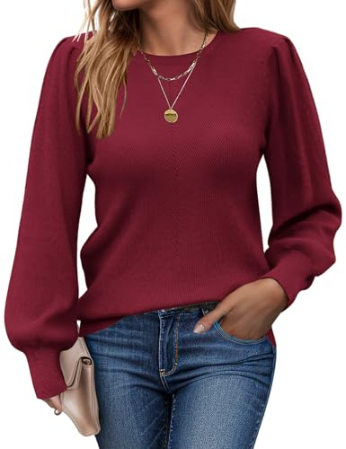 Zeagoo Jumpers for Women UK Crew Neck Sweaters Ladies Long Sleeve Knitted Pullovers Stretch Shirts Sweatshirts Puff Sleeves Tops Date Red M