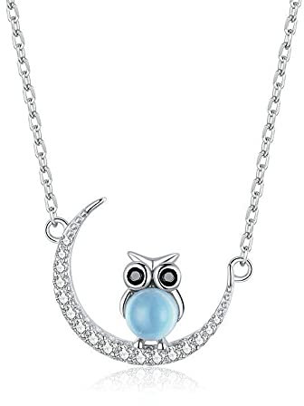 Halskette mit Anhänger aus 925er-Sterlingsilber, Mond und Eule, mit Platin überzogen, für Damen, Kettenhalsketten, Damen-Geschenk, Party-Schmuck