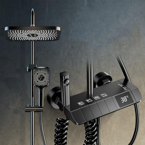 MocArt Thermostatic Shower System, Water Saving Shower Mixer Set, LED Screen, 4 Functions Includes Handheld Shower (3 Jet Types), ABS Top Shower, Bidet Spray, Tub Spout (Black)