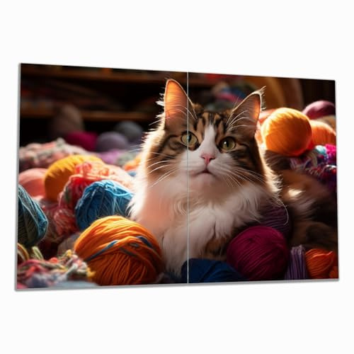 Wallario Herdabdeckplatte/Spritzschutz aus Glas, 2-teilig, 80x52cm, für Ceran- und Induktionsherde, Katze in einem Berg von Wollknäuel