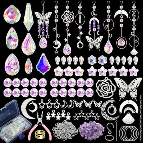 350pcs+ DIY Suncatcher Making Kit, Crystal Sun Catcher Hanging Decor Set | Dream Catcher Kit with Crystal Beads Pendants Charms Hooks Chains, Sun Catcher Makeing Kit for Home Wedding Garden Decor