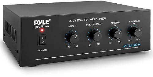 Pyle Amplificatore Audio Stereo Compatto - Amplificatore Da 60W Con RCA, 2 Ingressi Microfono, Uscite 25/70 Volt, LED, Selettore Ingressi