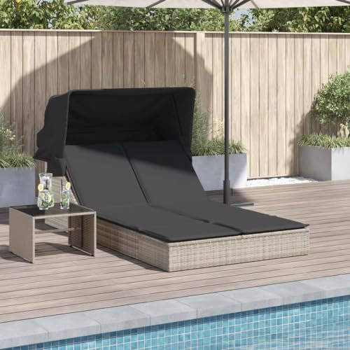 Rantry Doppelliege mit Baldachin und Kissen, hellgrau, Polyrattan, Sonnenliegen, Schlafsofa, Pool-Liege, Sonnenliege für den Garten